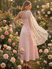 Amorya 优雅法式不对称领口网纱刺绣喇叭下摆长款连衣裙，适合女性日常穿着，春夏百搭。 - 杏色 - 查看 3