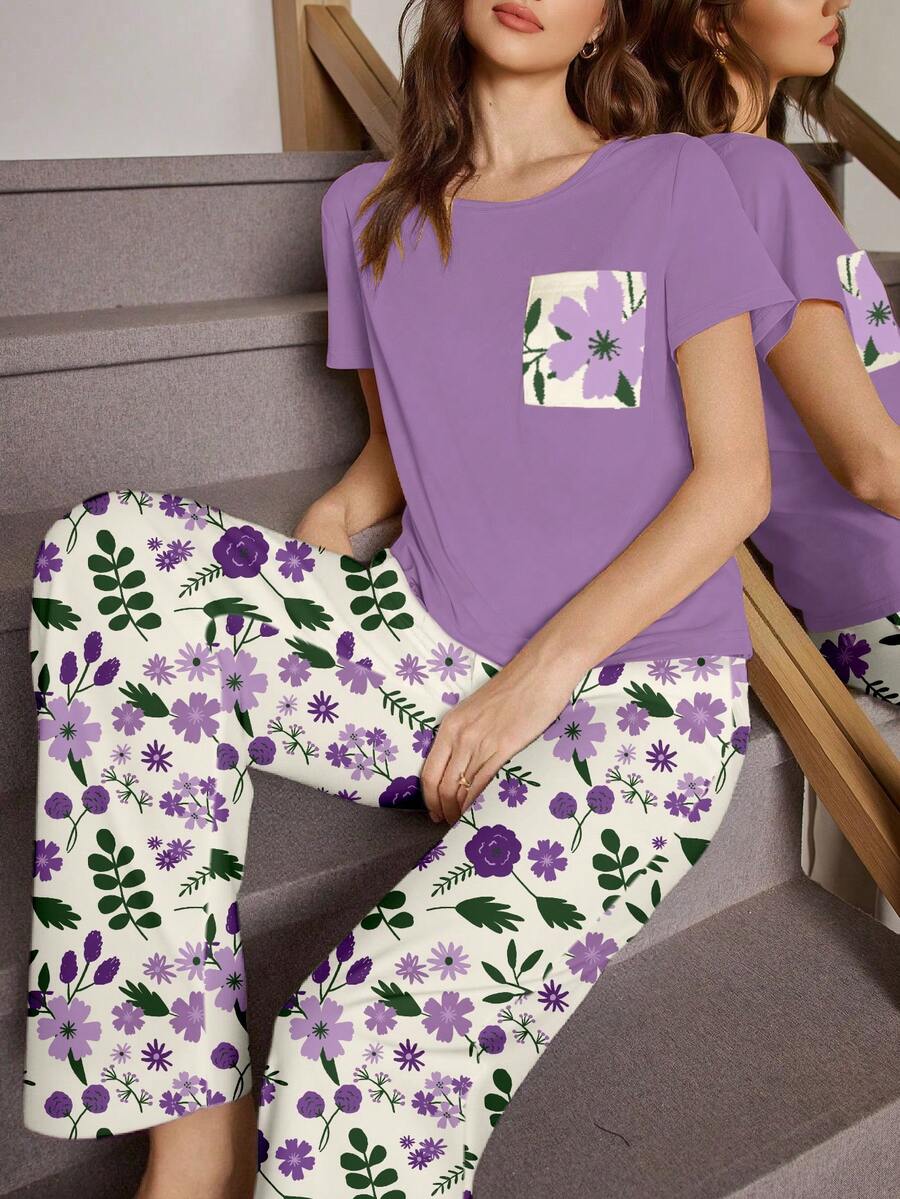 SHEIN 女士印花圆领短袖睡衣套装 - 彩色 - 查看 1