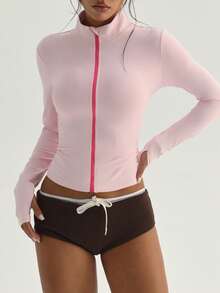 Gameset SHEIN Sport 女款亮粉色夏季性感健身運動夾克，修身立領撞色全開襟拉鍊長袖，附拇指孔與圓弧下擺 - 粉色 - 查看 6