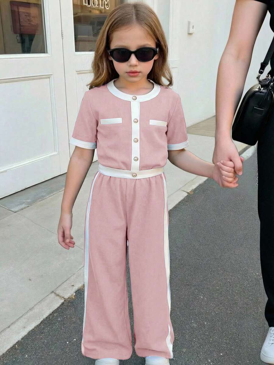 SHEIN Serisse Kids 两件套少女休闲正式优雅返校套装,撞色珍珠纽扣衬衫搭配直筒裤,返校季少女装 - 淺粉色 - 查看 1