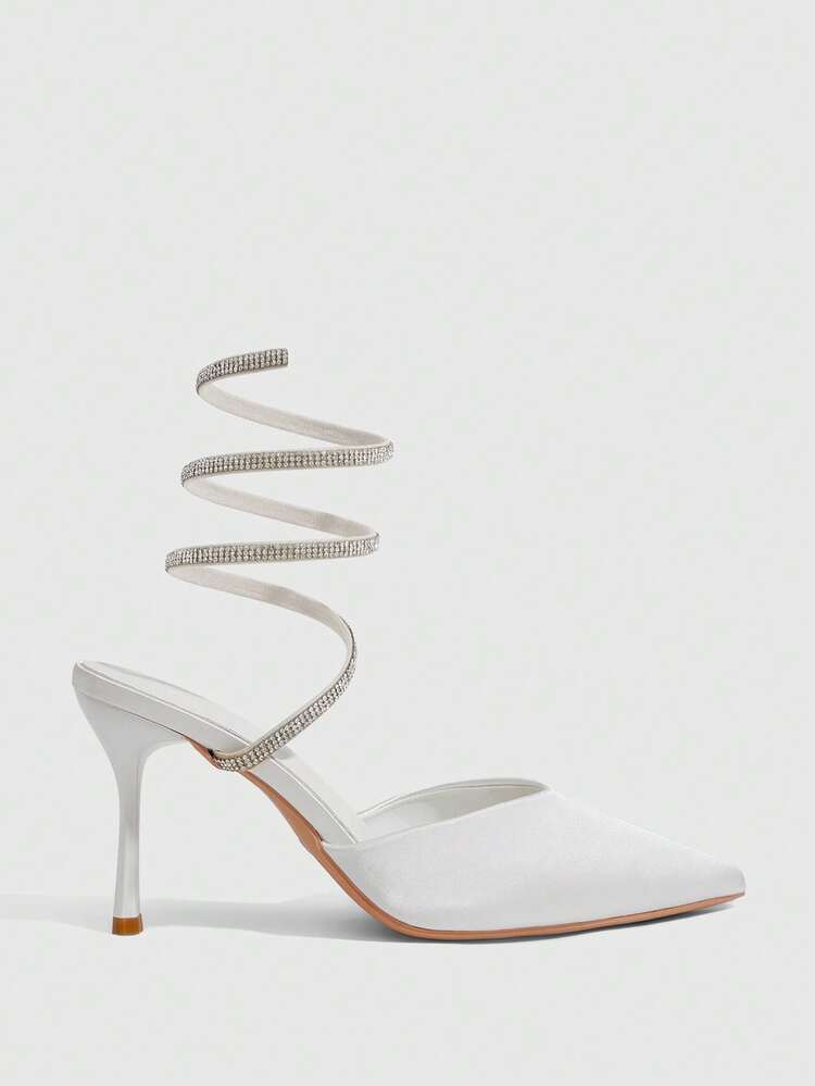 CUCCOO SZL Pointed Fashion Hollowed-Out Sexy Rhinestone Satin Snake-Shaped Wound Stiletto Head Beige High Heels