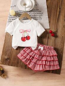 SHEIN Tween Girl Cherry Graphic Knit Round Neck Casual T-Shirt And Ruffle Hem Shorts 2 Pieces Set - Multicolor - View 1