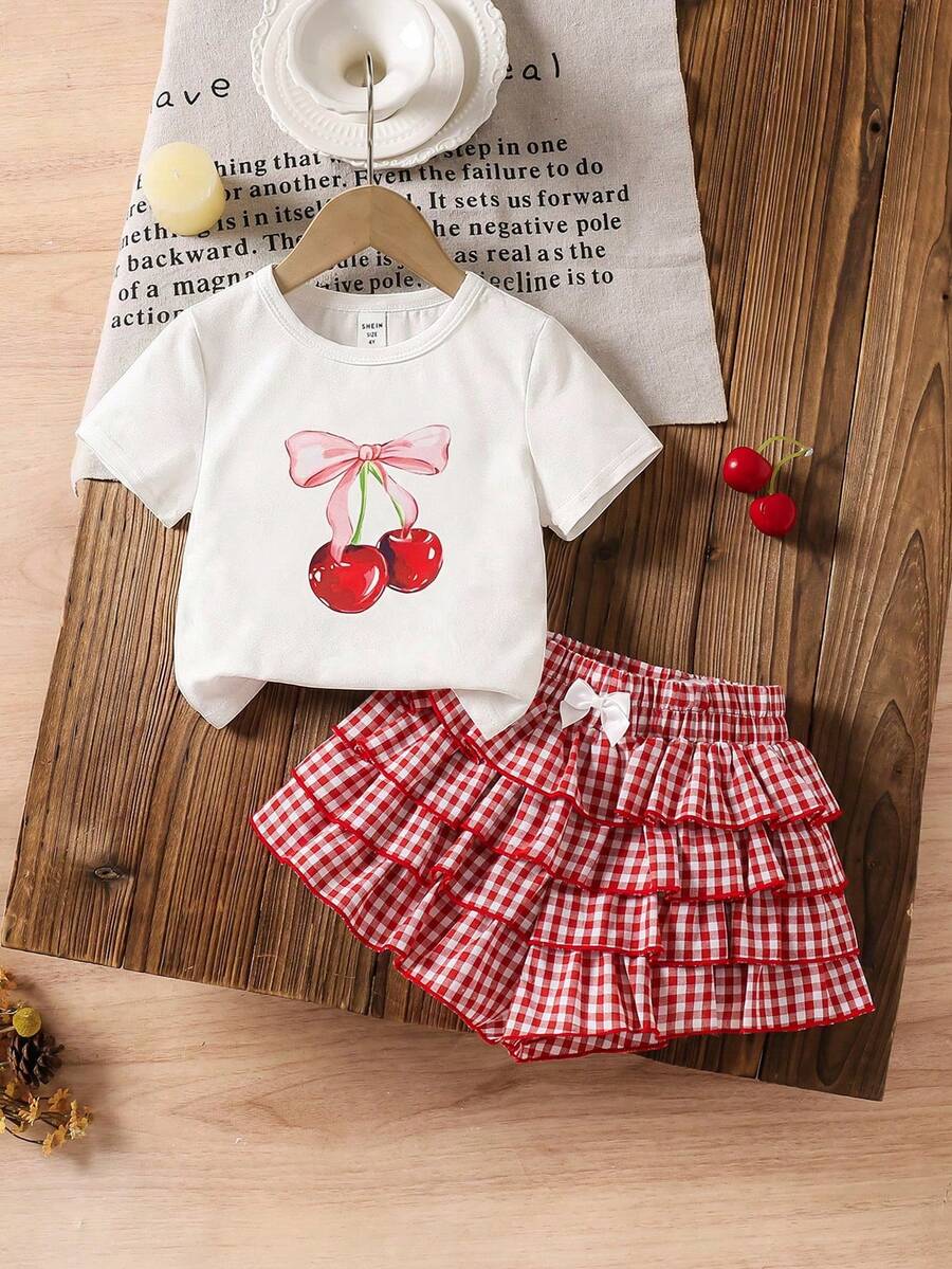SHEIN Tween Girl Cherry Graphic Knit Round Neck Casual T-Shirt And Ruffle Hem Shorts 2 Pieces Set - Multicolor - View 1