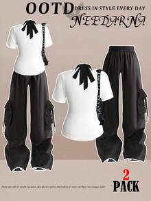 Flirla Plus Size Women Casual 2 In 1 T-Shirt + Black Utility Pants Set Ladies Casual Sets Pants And Top Set Summer Pants Sets For Women - Black and White - View 2