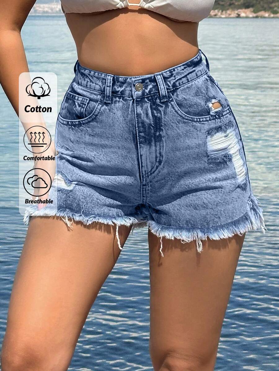 EURMUSE 100%Cotton Back Label Detailed Short With Destroy - Baby Blue - View 1