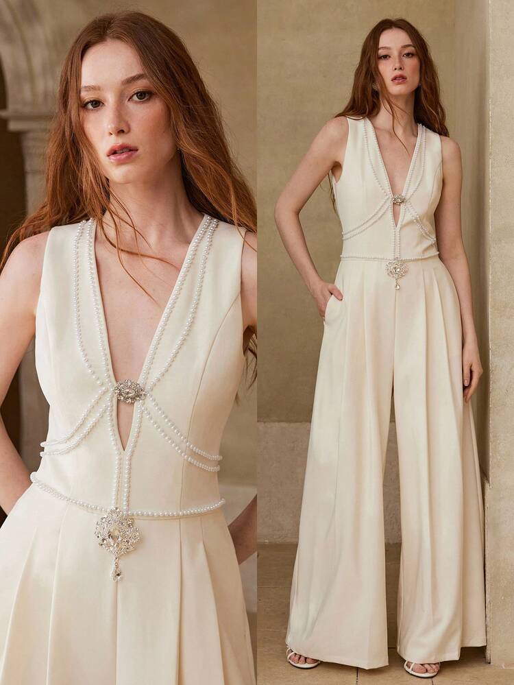 女性用Vネック ジュエルデコレーション ノースリーブ ロングジャンプスーツ、春夏