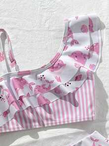 Girls Swimsuit Set, Striped Dolphin Print Pattern, Cute Swimwear Set Suitable For Vacation, Beach Play - Multicolor - View 5