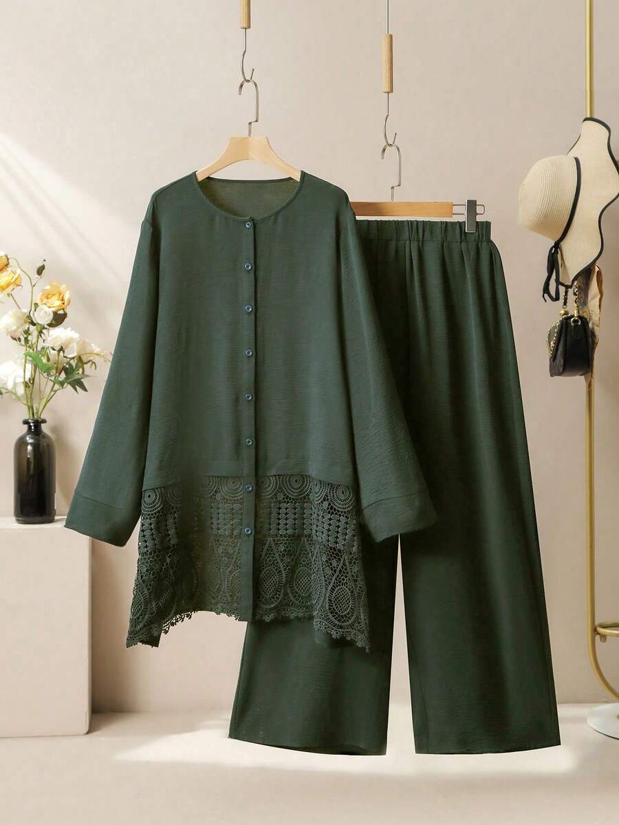 Lacomfia Bộ đồ nữ phối ren, dáng rộng, đa năng, mặc hàng ngày, 2 món, cỡ lớn. - màu xanh lá - Xem 1