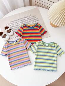 3pcs/Set Cute Colorful Striped Short Sleeve Knit Top For Baby Girls, Summer - Multicolor - View 4