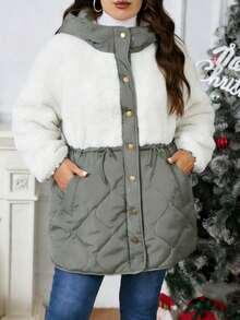 EMERY ROSE 大码女式休闲撞色仿羊毛拼接绗缝连帽衫，可调节抽绳加厚羽绒服 - 彩色 - 查看 4