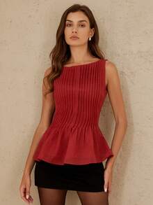 Aveloria Rosie 欧美夏季时尚女装新款百搭无袖褶皱迷你裙上衣，法式浪漫复古收腰伞裙廓形设计，高腰显瘦圆领度假风上衣 - 酒紅色 - 查看 6