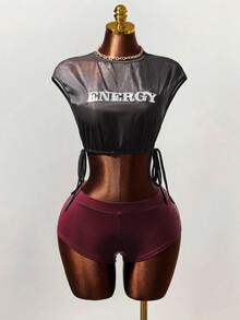 Mistrie Basic Fashion Casual Punk Round Neck Back Opening Pullover Top With Sequin 3D Embroidered Slogan Letters. Daily Outing, Party, Fashionable Street Style, Party Holiday Date Outfit. - Black - View 5