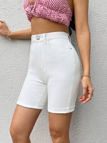 SHEIN Essnce Casual Solid Color Denim Shorts For Summer - White - View 6