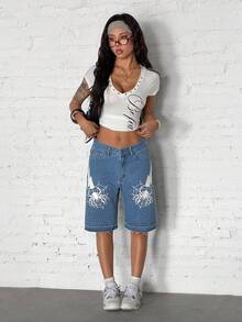 StreetHx 时尚休闲街头风星形印花低腰阔腿牛仔短裤 - 中等水洗藍 - 查看 6