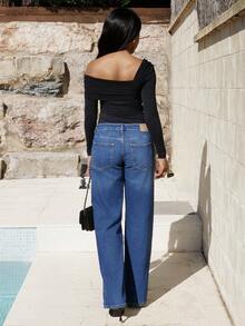 Yess Loren Women White Solid Asymmetric Neck Gathered Long Sleeve Bodysuit, Casual Wear - Black - View 2