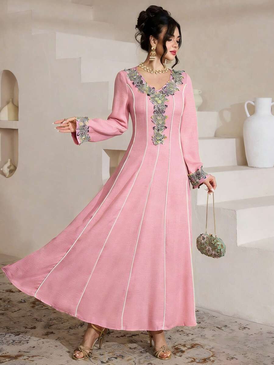 Al Najma Đầm dài tay thanh lịch, kín đáo, phối ren thêu. - Hồng - Xem 1