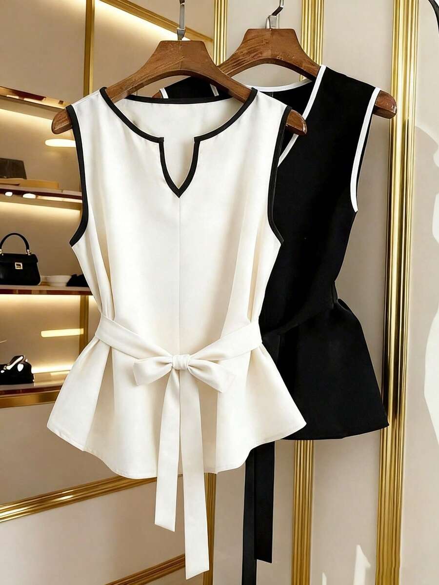 Franclia 女士撞色极简无袖衬衫，春夏款 - 杏色 - 查看 1