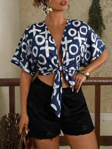 Levarali Plus Size Women Geometric Pattern Front Tie Short Sleeve Cropped Shirt - Multicolor - View 6