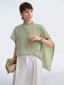 Aalyst 女士春夏优雅猫眼竹结法式衬衫，适合办公室、休闲、度假、浪漫、高端海滩、下午茶、派对等场合，立领，宽松版型，长款，薄荷绿衬衫上衣 - 綠色 - 查看 6