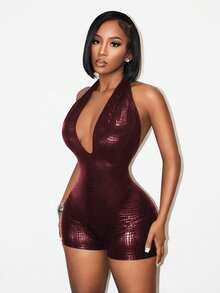 SHEIN BamGlam Women's Coated Textured Jumpsuit,Burgundy Summer Club Night Rave Bodysuit,See Through Romper,Party Vacation Outfits,Y2k Summer Clothes For Women - Red - View 1