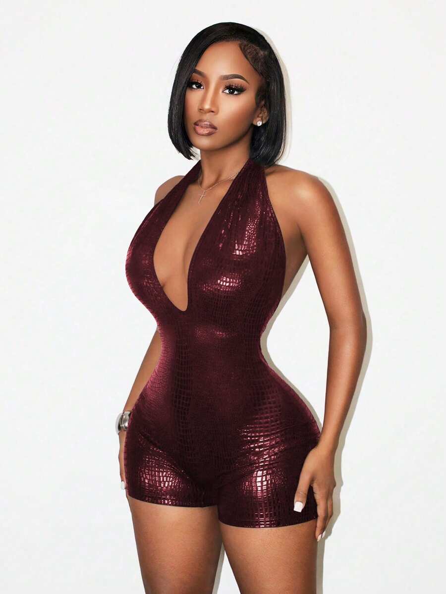 SHEIN BamGlam Women's Coated Textured Jumpsuit,Burgundy Summer Club Night Rave Bodysuit,See Through Romper,Party Vacation Outfits,Y2k Summer Clothes For Women - Red - View 1