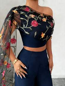 Elenzga Women's Elegant French Style Asymmetric Collar Mesh Embroidered Flared Hem Top And Simple Long Pants 2-Piece Set, Suitable For Daily Wear, Spring/Summer - Navy Blue - View 6