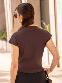 Andrea Bello Women's Solid Fitted Polo Collar Knit Top, Commuter Casual For Spring/Summer - Coffee Brown - View 2