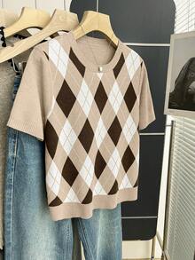 Franclia 新款春夏复古学院风撞色格纹针织套头毛衣（女款） - 杏色 - 查看 7