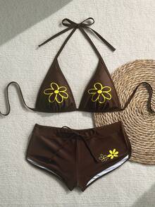 Swim Vcay Bộ đồ bơi nữ mùa hè in hoa gồm áo tam giác và quần đùi cạp thấp, kiểu dáng ngọt ngào, dễ thương, phù hợp cho kỳ nghỉ. - màu nâu - Xem 3