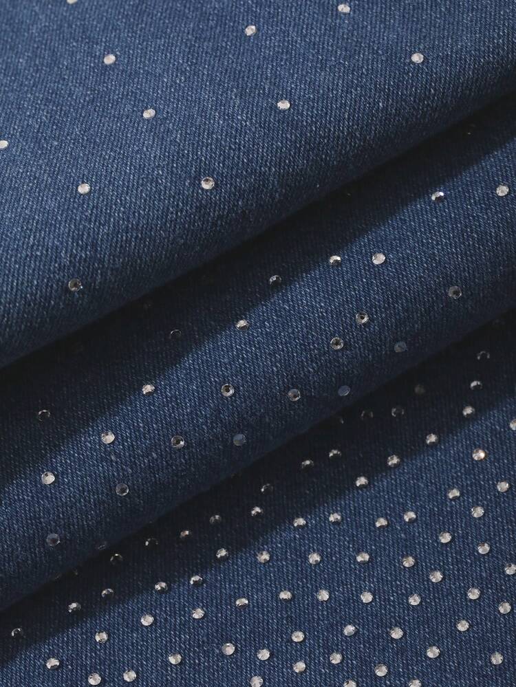 Women's Elegant Rhinestone Floral Bandeau Top And Flared Jeans Set, Spring/Summer