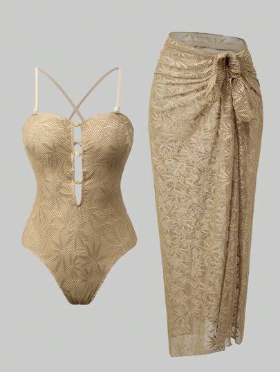 Swim Oasis Women's Leaf Print One-Piece Swimsuit And Skirt Set, Suitable For Beach Vacation, Pool Party, Beach Party, Spring/Summer