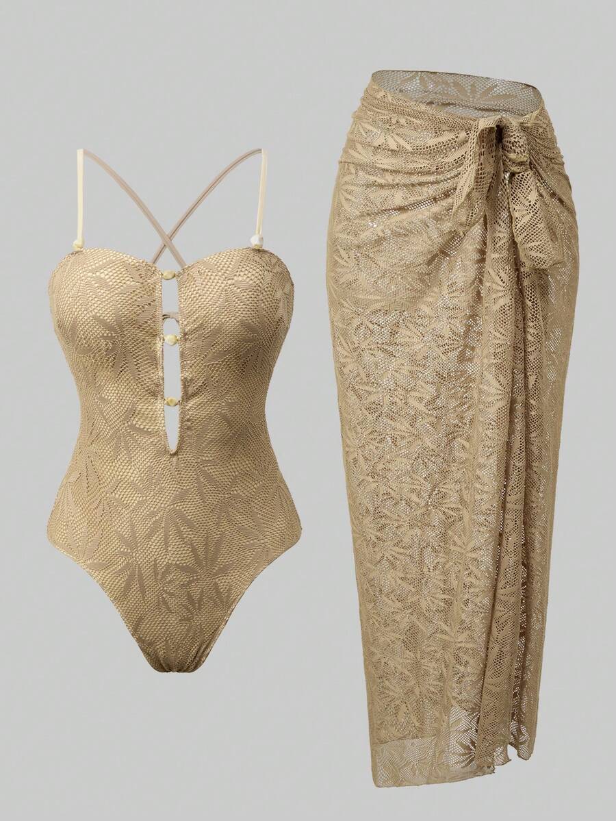 Swim Oasis Women's Leaf Print One-Piece Swimsuit And Skirt Set, Suitable For Beach Vacation, Pool Party, Beach Party, Spring/Summer - Khaki - View 1