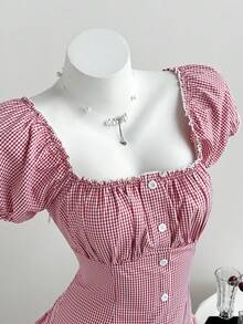 Elamini Đầm dạ hội kẻ caro đỏ dáng suông dành cho nữ, thích hợp cho kỳ nghỉ. - Đỏ - Xem 3