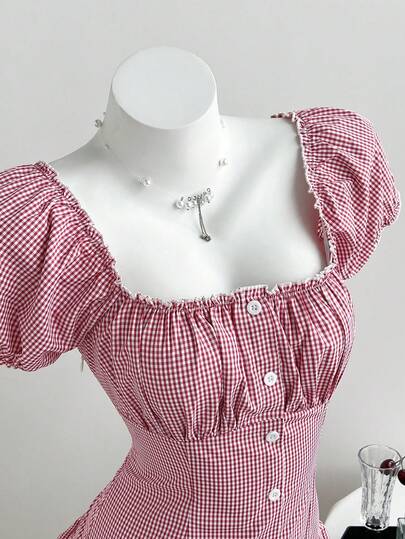 Elamini Women's Casual Vacation Red Plaid Cake Dress