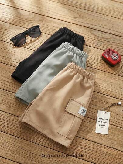 Cozy Pixies 3件套男童装饰字母印花松紧腰工装短裤，宽松版型带口袋