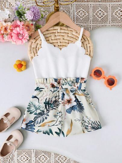 SHEIN Áo liền quần hai dây họa tiết hoa nhí đan móc màu trơn cho bé gái