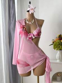 Swim SXY Conjunto de 3 piezas: Top de bikini triangular con cuello de halter con estampado de hibisco, cubre con malla, traje de baño elegante - Multicolor - Ver 6