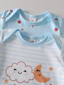 2-Pack Newborn Blue Summer Nightgown & Swaddle Blanket Set, Star & Moon Print, Long Sleeve Spring & Summer Pajamas, Ideal For Easy Changing - Baby Blue - View 3