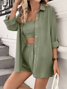 Sylviya 3pcs Women's Casual Vacation Cardigan, Tube Top And Shorts Set - Green - View 4