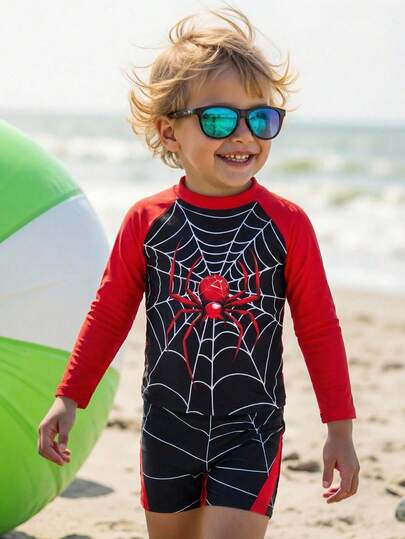 SHEIN 男童休闲宽松圆领短袖T恤短裤套装，泳装，适合夏季穿着