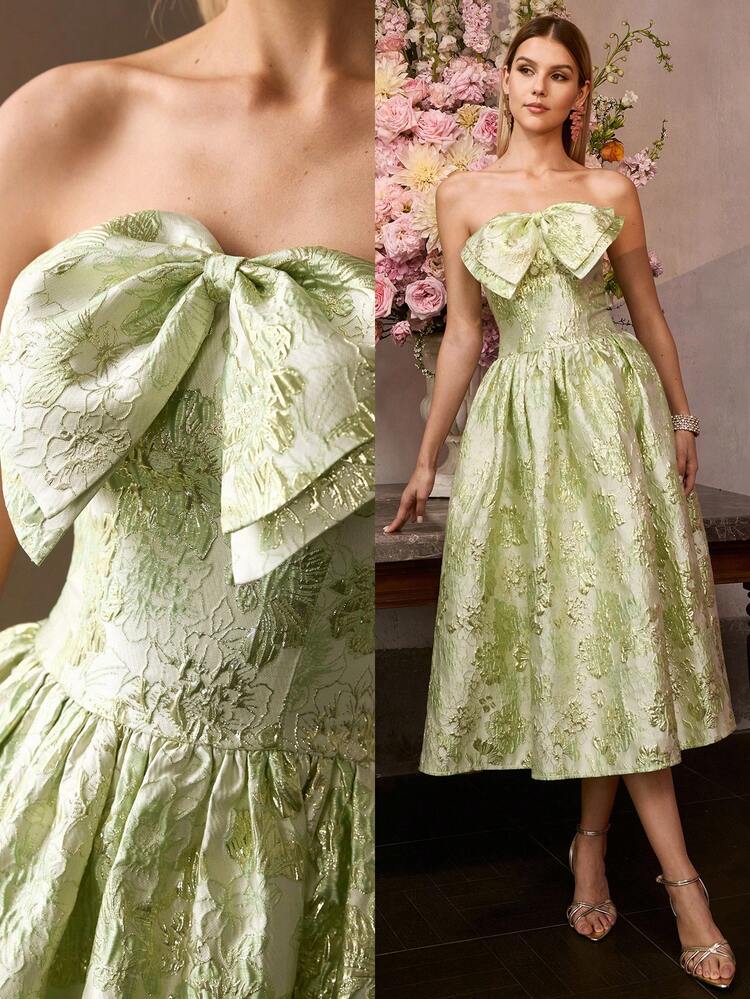 MOTF Soiréza VINTAGE STRAPLESS MIDI-LENGTH A-LINE PARTY DRESS WITH FLORAL JACQUARD MOTIFS, LARGE BOW AT NECKLINE, FITTED CINCHED WAIST & FLOWING DRESS – ELEGANT LUXURIOUS STYLE IDEAL FOR WEDDINGS, GALA DINNERS, AWARD CEREMONIES, CELEBRATIONS