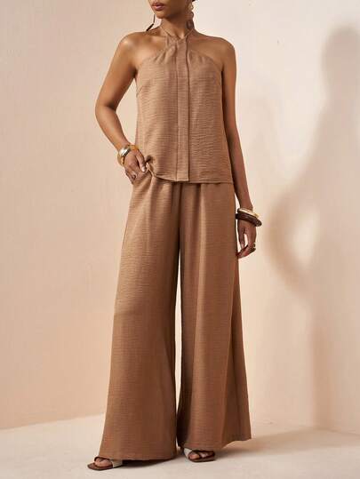 Zivah New Summer Casual Vacation Commuter Boho Loose Reddish-Brown Cross-Strap Vest+Wide-Leg Pant Two Pieces Set , Suitable For Everyday Wear, Vacations, Travel, Beaches, The West, Nomadic Lifestyles, Commuting, Brunch, Airport Outfits, Music Festivals, Concerts, Party, Holidays,Wedding Guest Attire-A