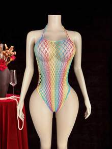 Women's Sexy Hollow Out Fishnet Sheer Halter Neck Sleeveless Bodysuit, Assorted Colors - Multicolor - View 4