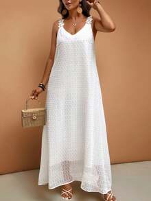 Louniche 女士条纹网纱宽松优雅无袖连衣裙 - 白色 - 查看 3