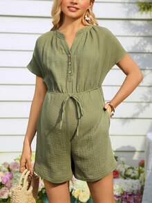 SHEIN Women's Casual Raglan Sleeve Drawstring Jumpsuit, Comfortable Cotton Maternity Pants - Army Green - View 4