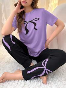 女士圆领蝴蝶结印花短袖上衣和打底裤休闲家居服套装 - 紫色 - 查看 3