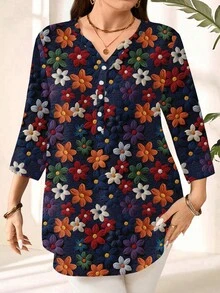 EMERY ROSE Plus Size Women Floral Print Single-Breasted Casual Versatile Daily Wear Shirt - Multicolor - View 6