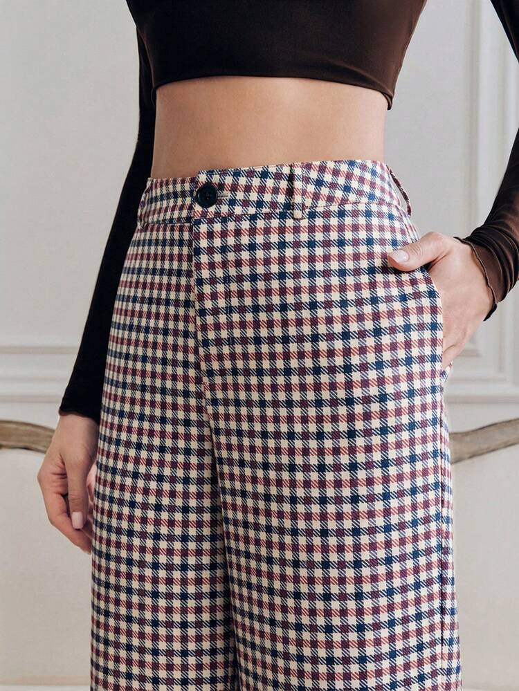 Women's Classic Plaid Straight-Leg Pants, Draping Slimming Effect, Versatile For Commuting, Brown