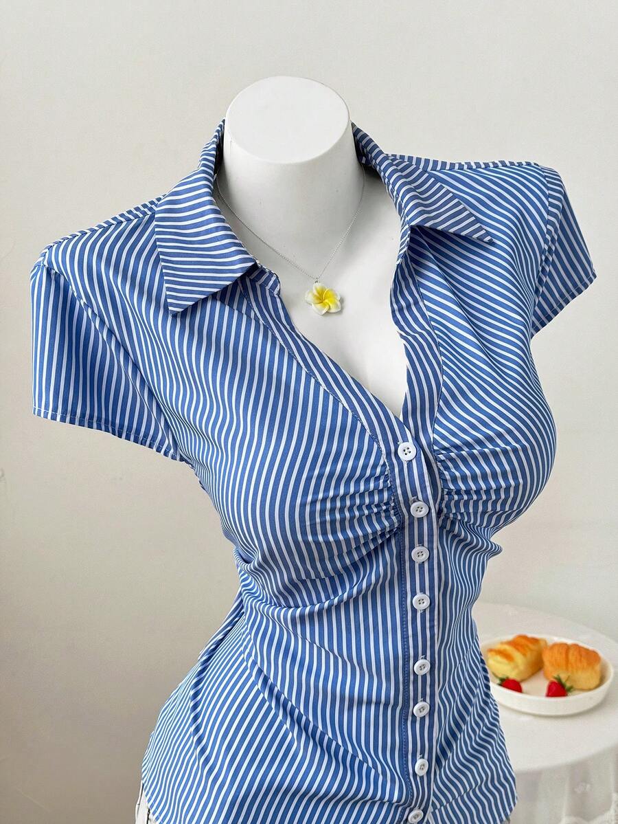Sweetra CURVE Plus Size Women Striped Single-Breasted Pleated Casual Versatile Daily Wear Shirt - Blue - View 1
