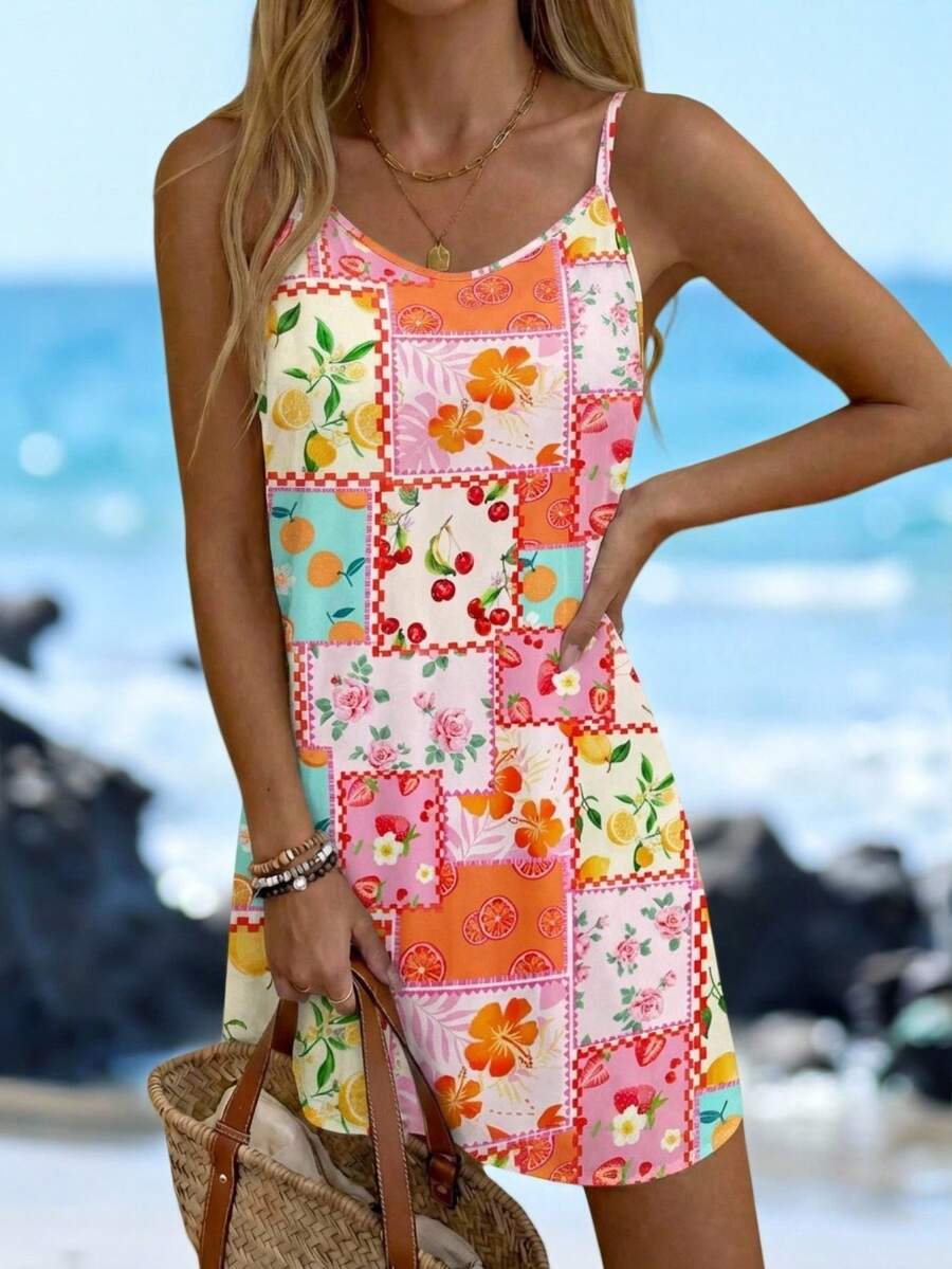 SHEIN LUNE Women's Spaghetti Strap Knit Mini Dress, Suitable For Summer - Multicolor - View 1